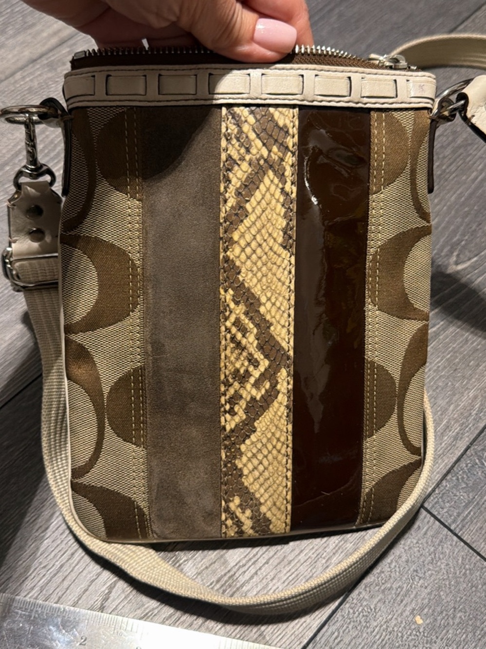 Coach Mixed-Material Crossbody in Brown, Tan and Cream